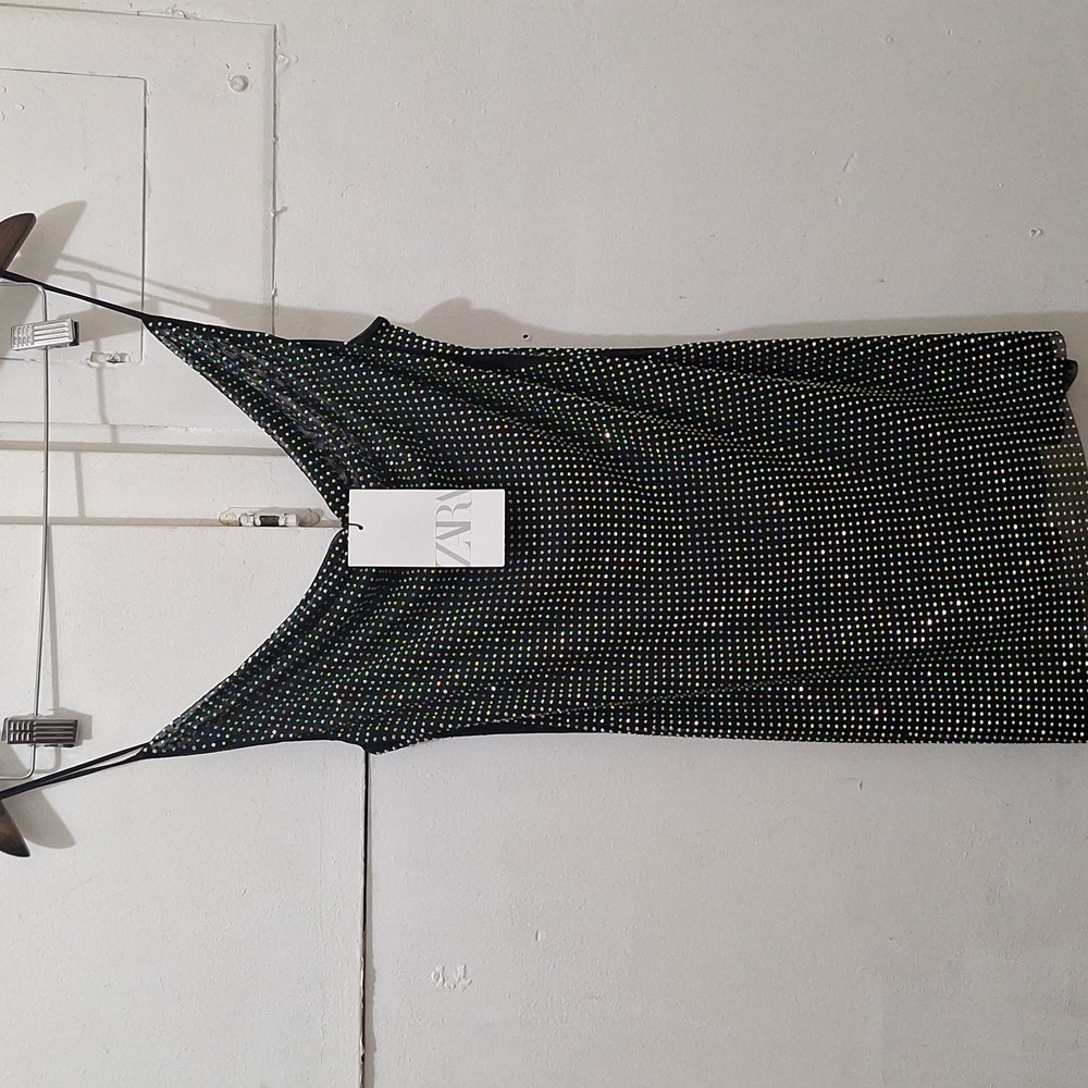 NWT ZARA BLACK TULLE RHINESTONE MINI DRESS - Picture 8 of 9